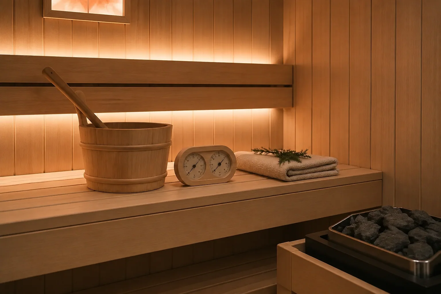 Wood sauna bucket and ladle with thermometer and hygrometer on a bench