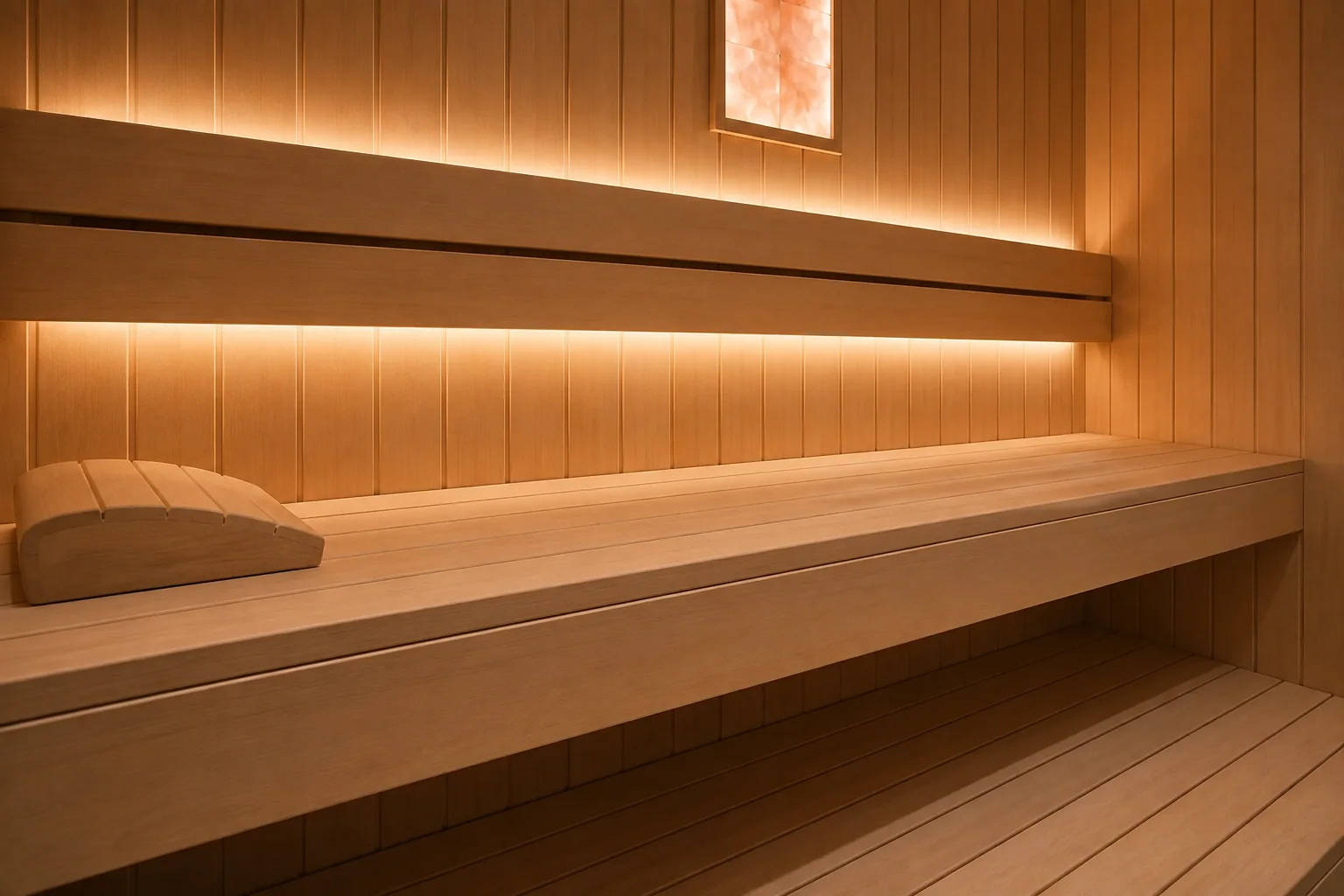 Two-level sauna benches with wide wood slats and contoured headrest