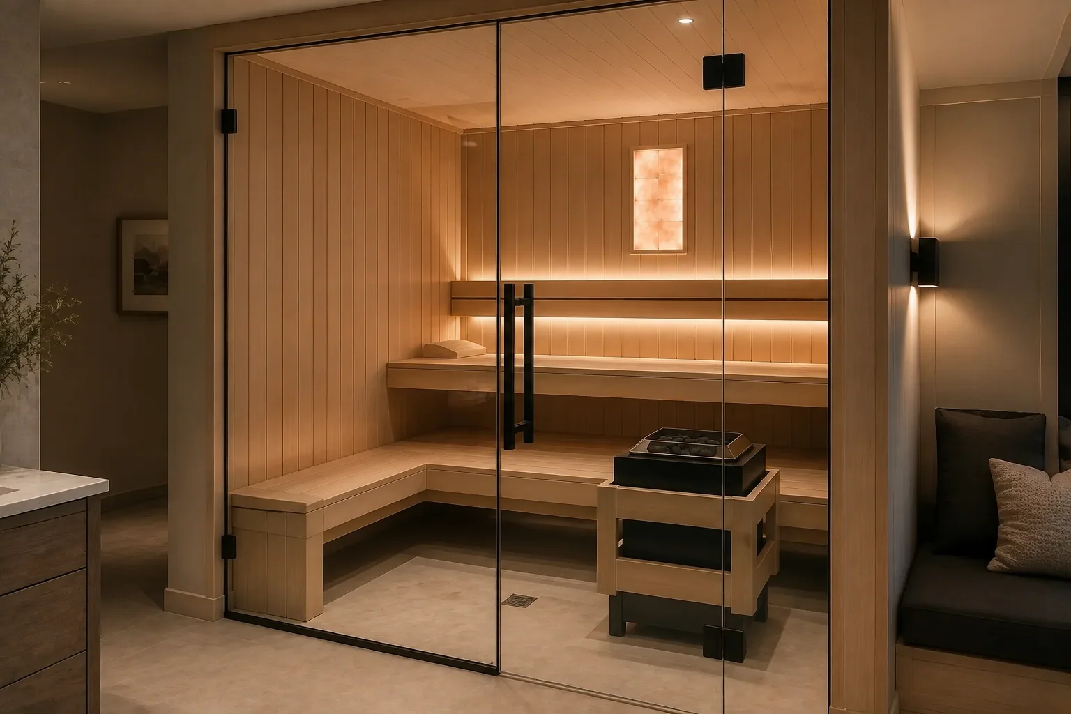 Full-height glass sauna doors with black hinges and handles