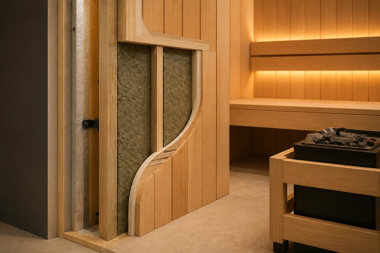 Clean sauna wall assembly with insulation and framing