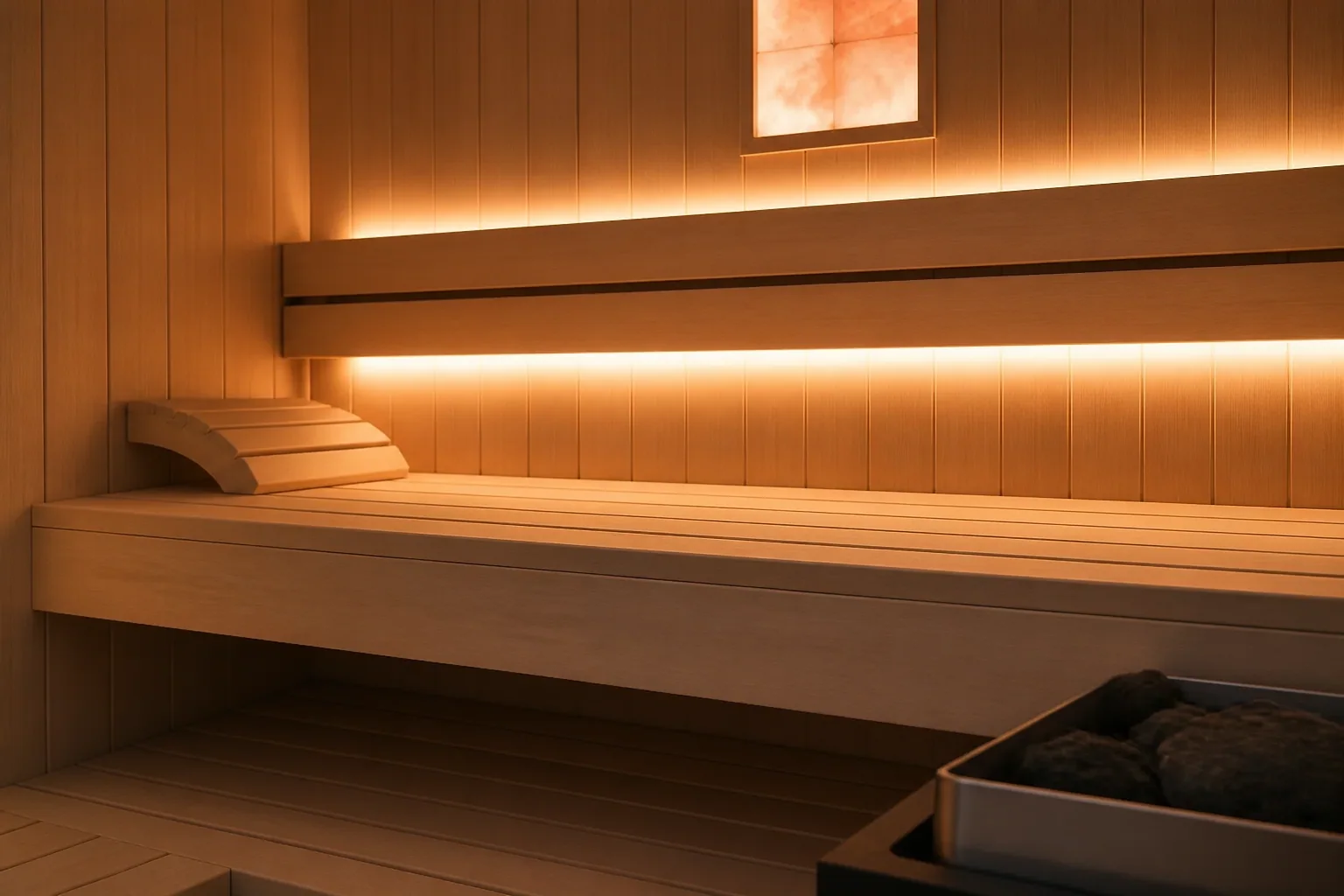 Warm indirect lighting concealed behind sauna bench backrests