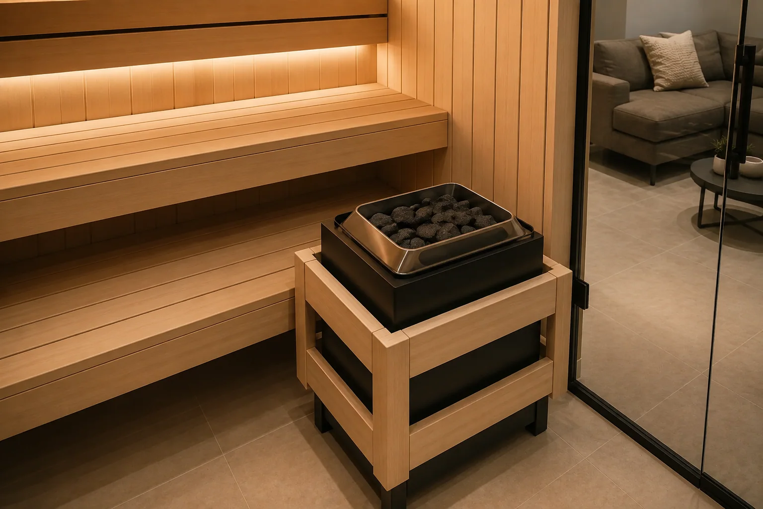 Modern sauna heater with exposed stones and integrated systems