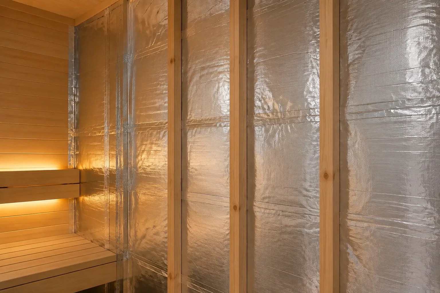 Reflective aluminum vapor barrier installed between sauna wall studs