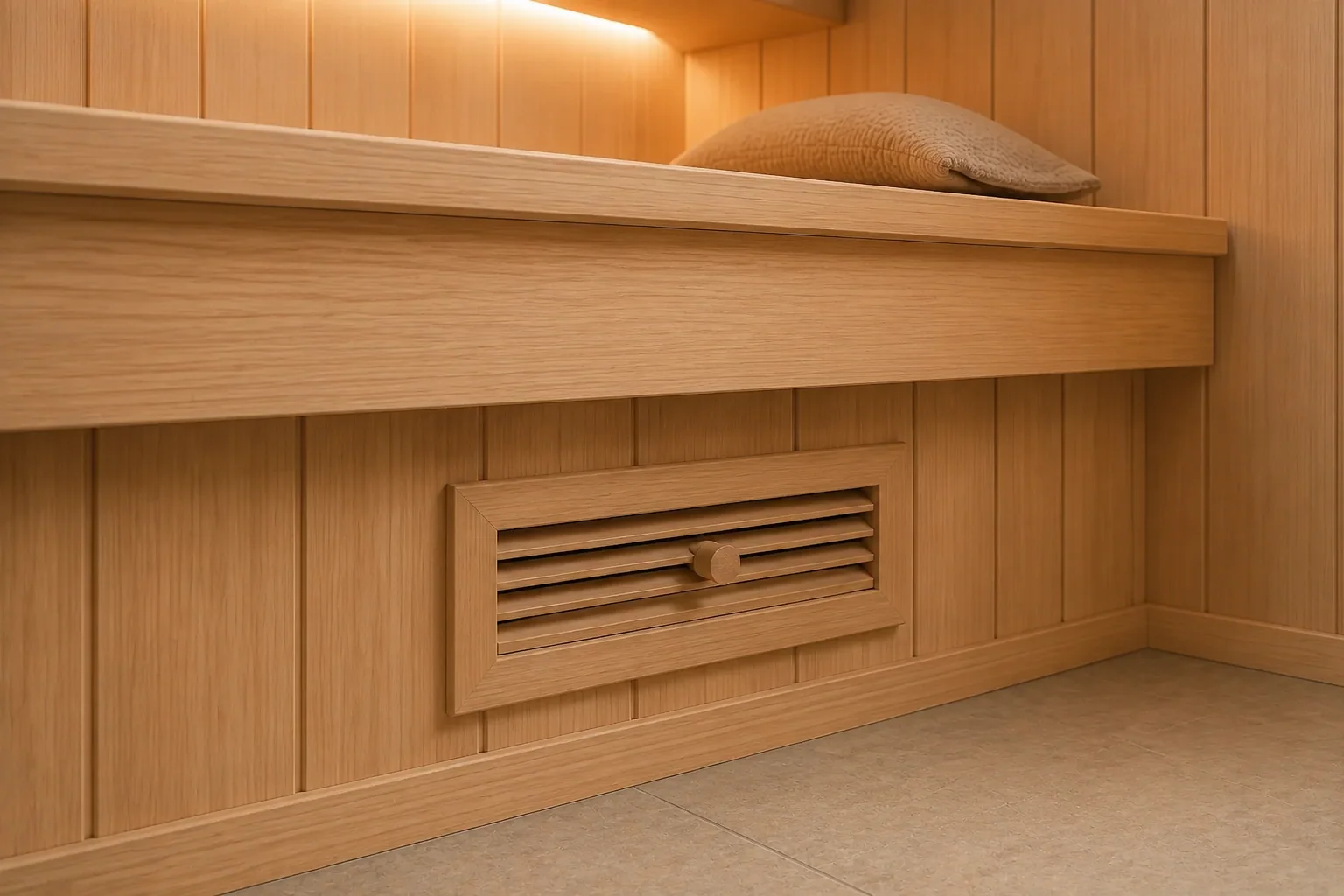 Discreet wooden ventilation grille integrated beneath a sauna bench