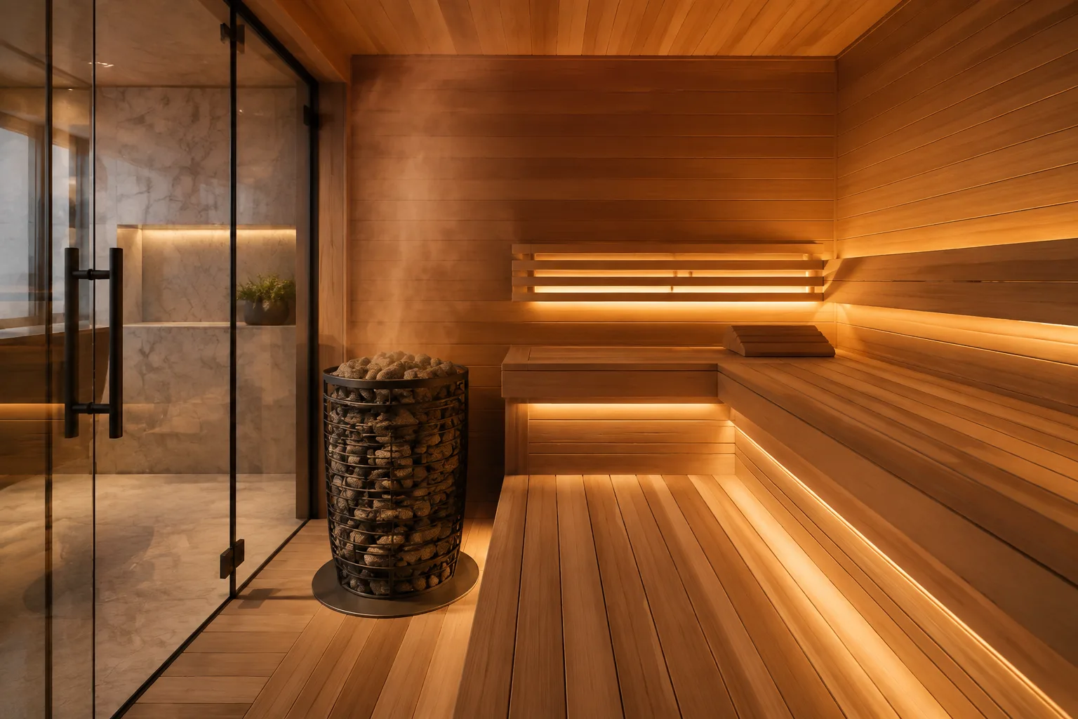 Warm cedar sauna interior with heater stones and rising steam