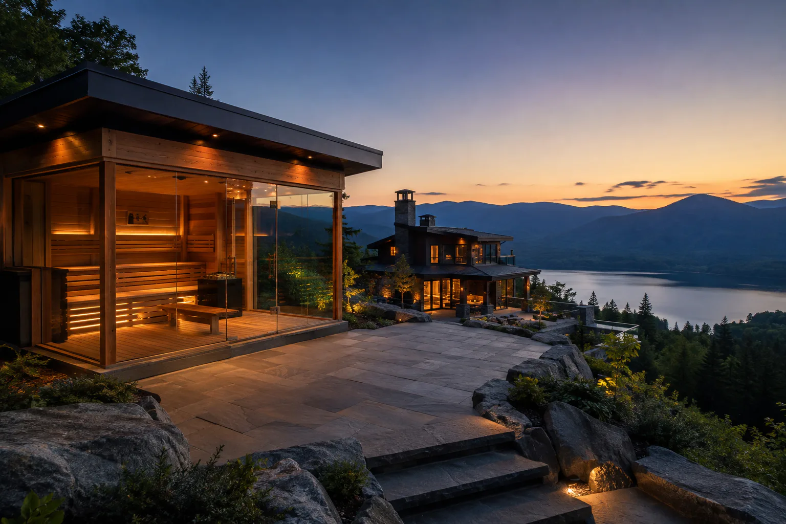 Mountain lake sauna