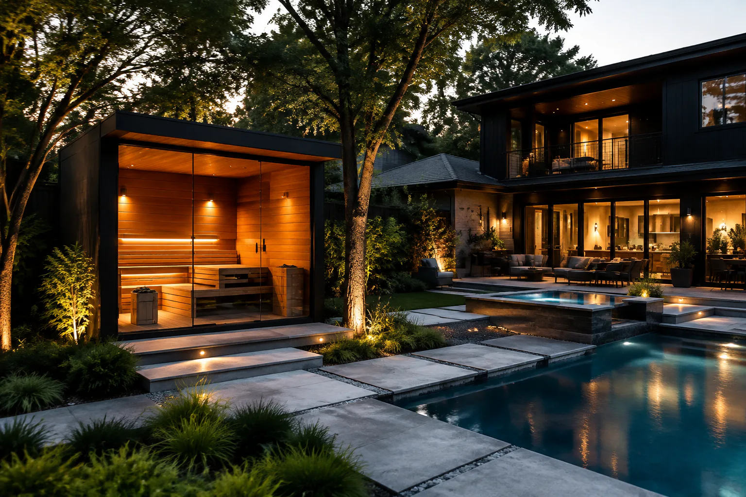 Larger family outdoor sauna beside a residential pool
