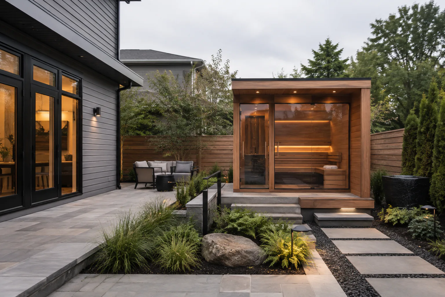 Compact premium sauna in a landscaped backyard