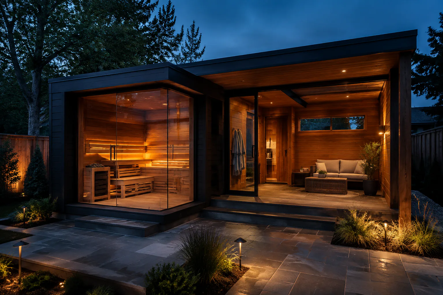 Outdoor sauna with an integrated lounge and relaxation space