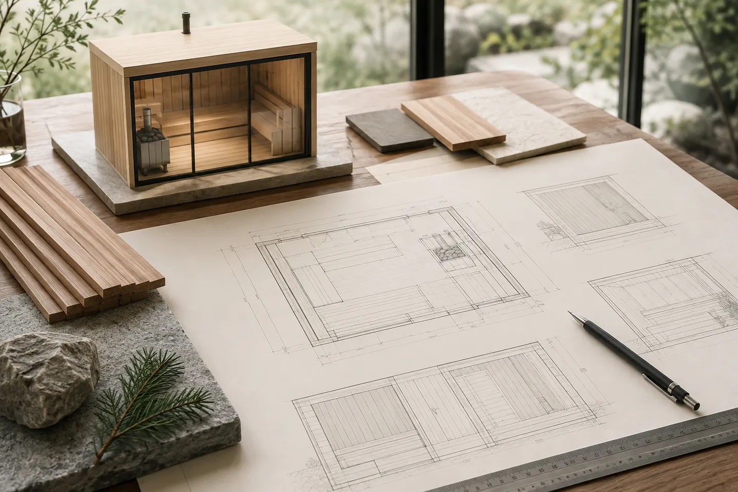 Architectural sauna drawings, material samples, and a scale model