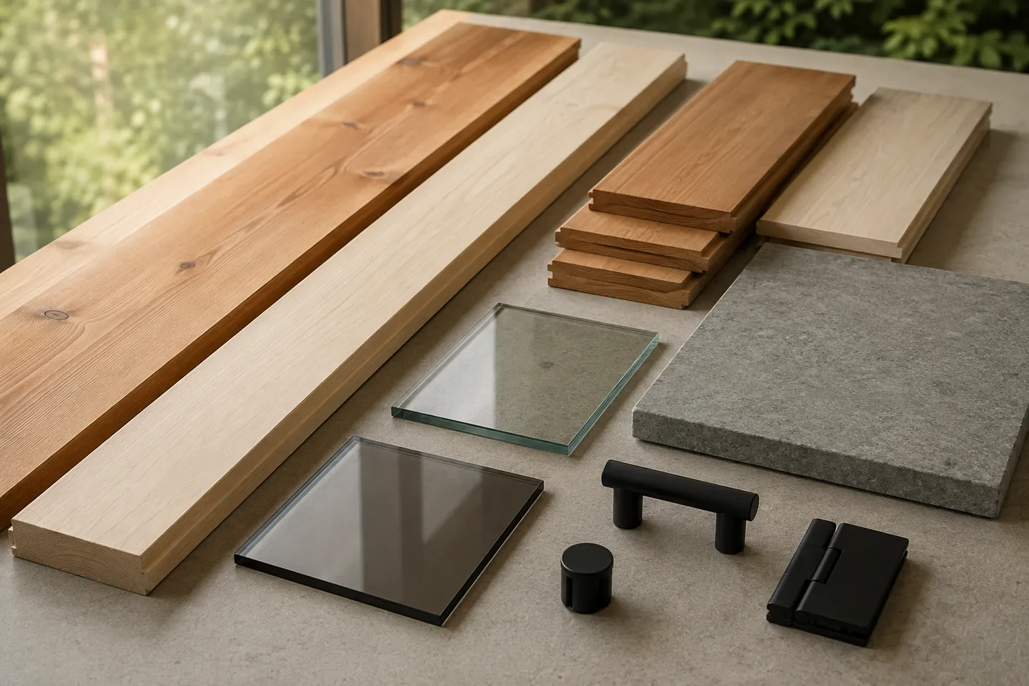 Cedar, aspen, stone, glass, and dark hardware selected for a custom sauna