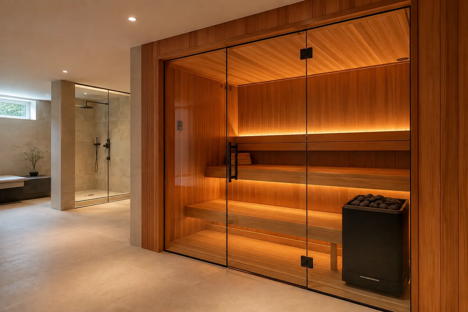 Cedar sauna integrated into a residential wellness suite