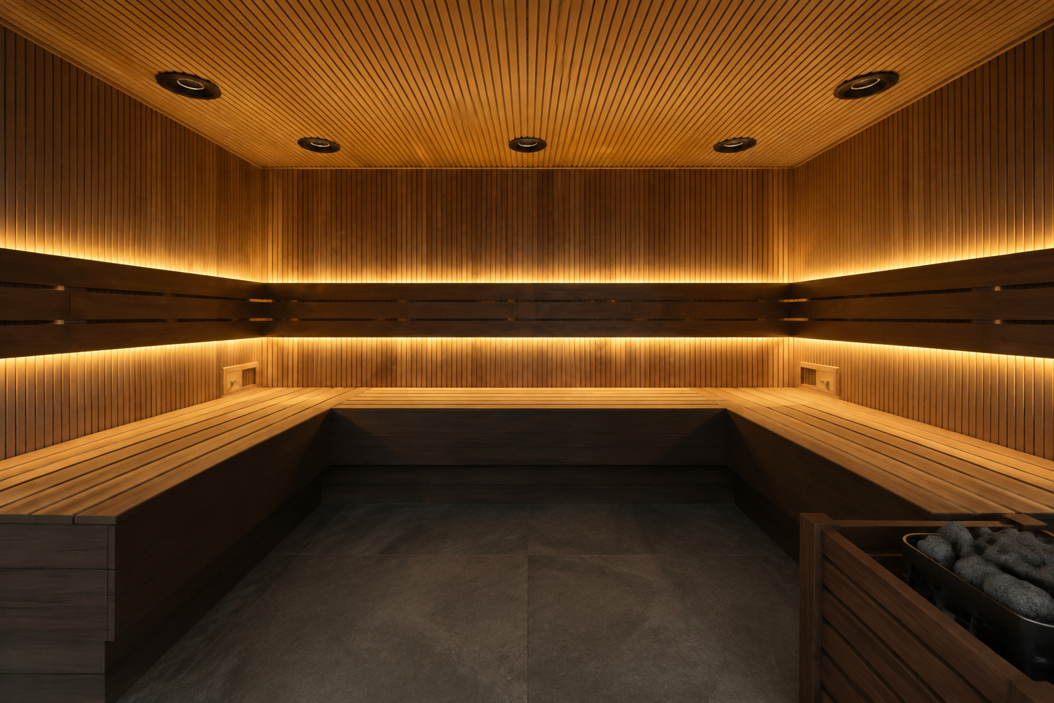 Interior view centered on the fixed U-shaped bench layout and illuminated backrest band.