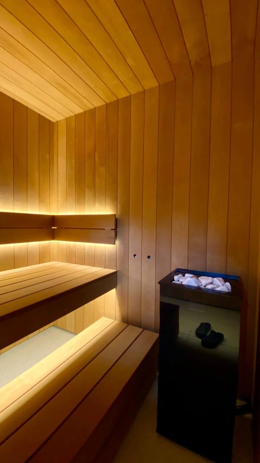 Finished sauna with multi-level benches, concealed lighting and a dark electric stone heater