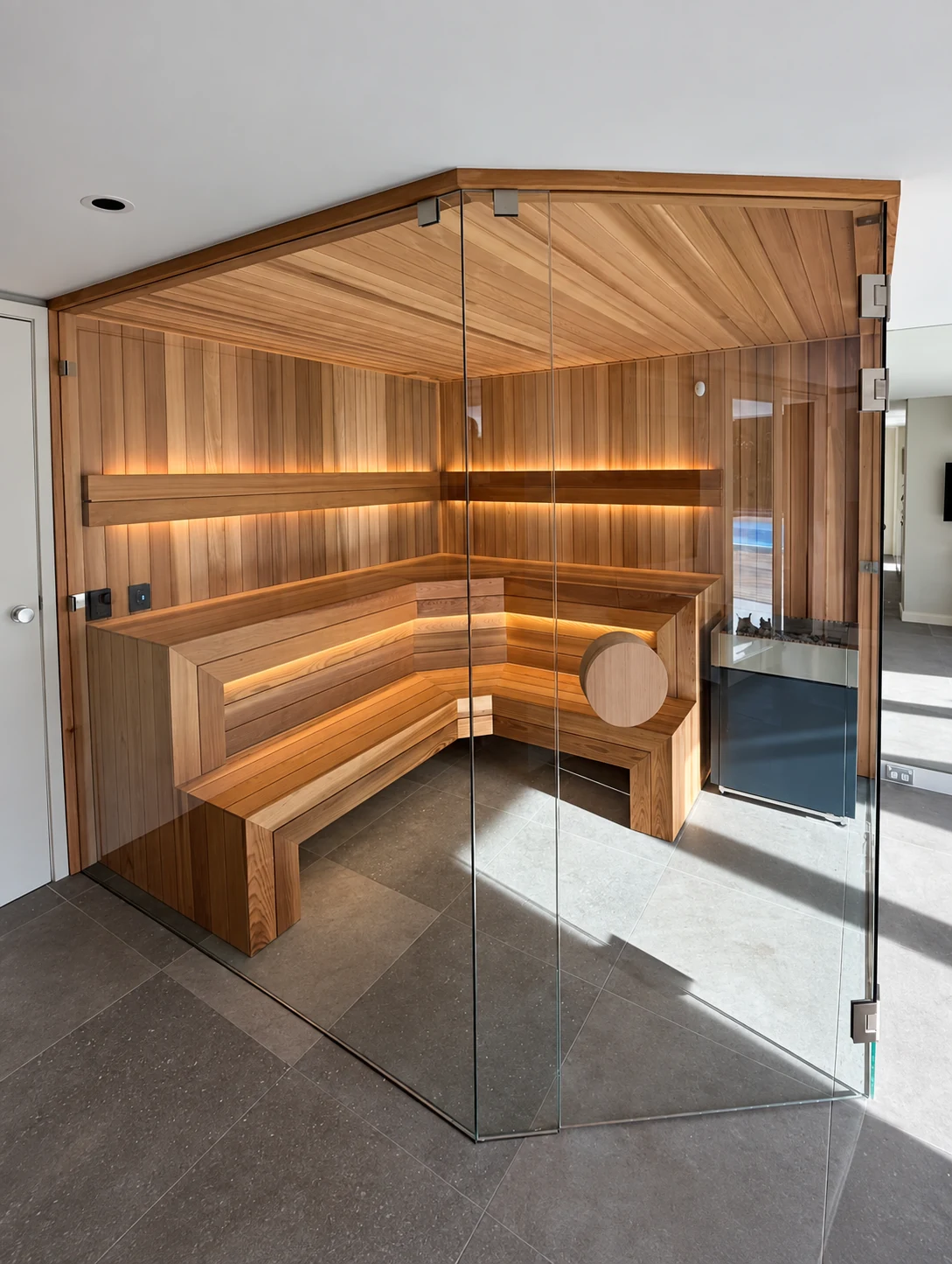 Full glass sauna enclosure with wraparound illuminated benches