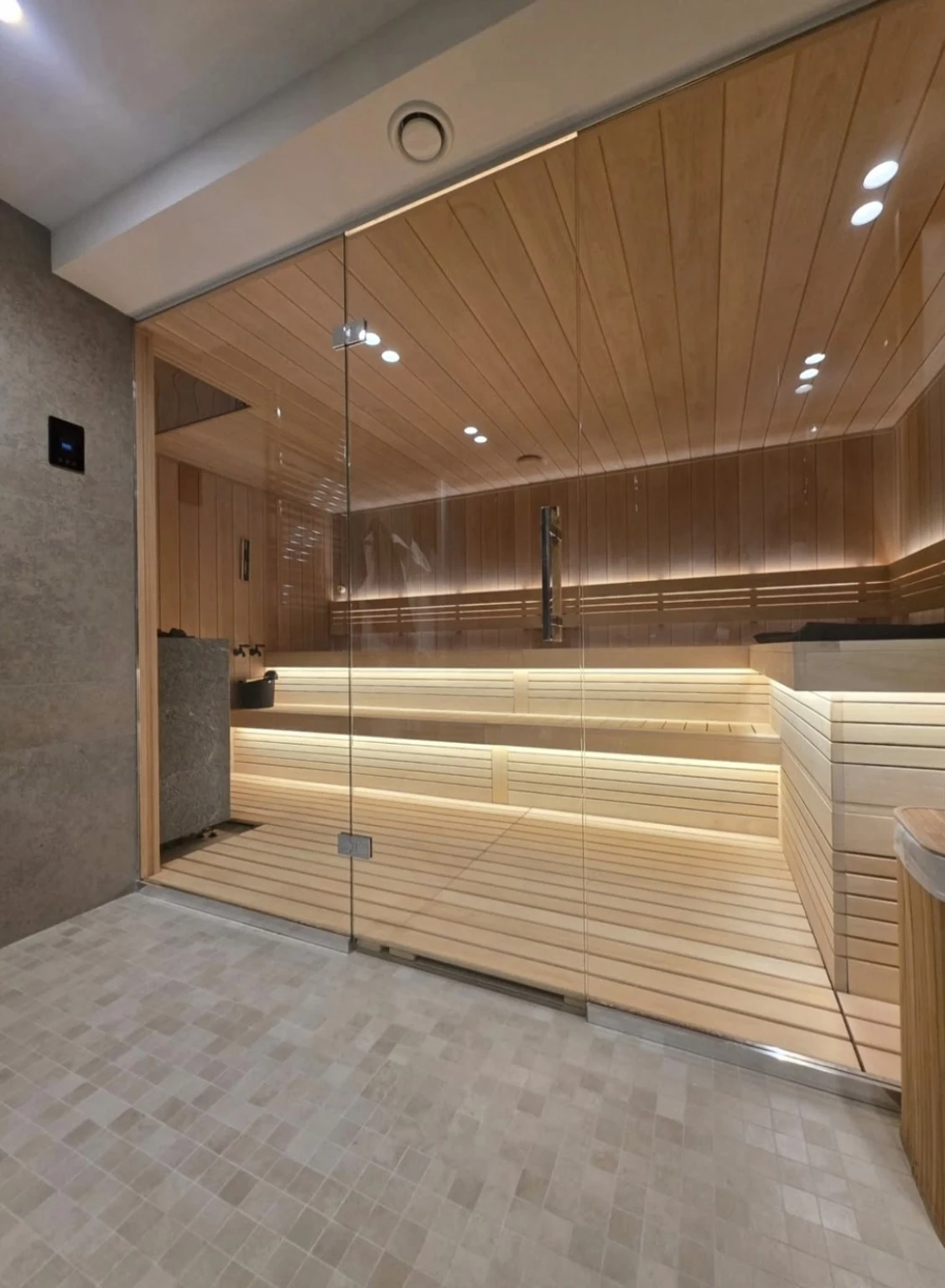 Oblique view through the glass sauna entrance showing the wood interior and heater at the left