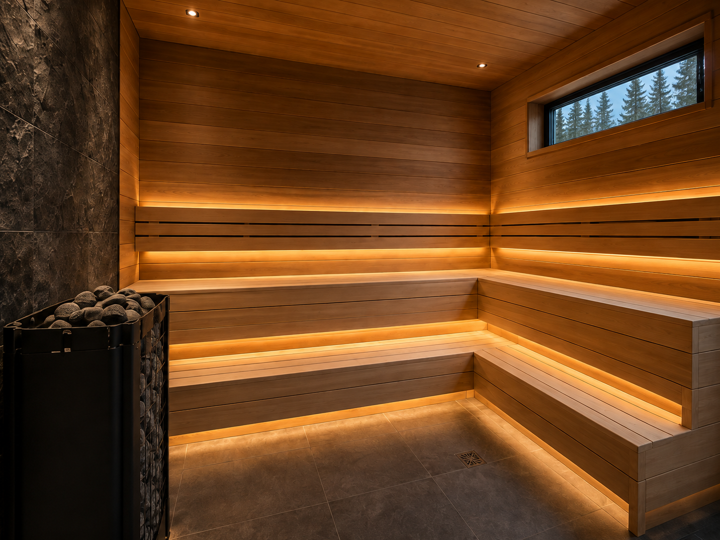 Interior view across the L-shaped Abachi benches toward the high window.