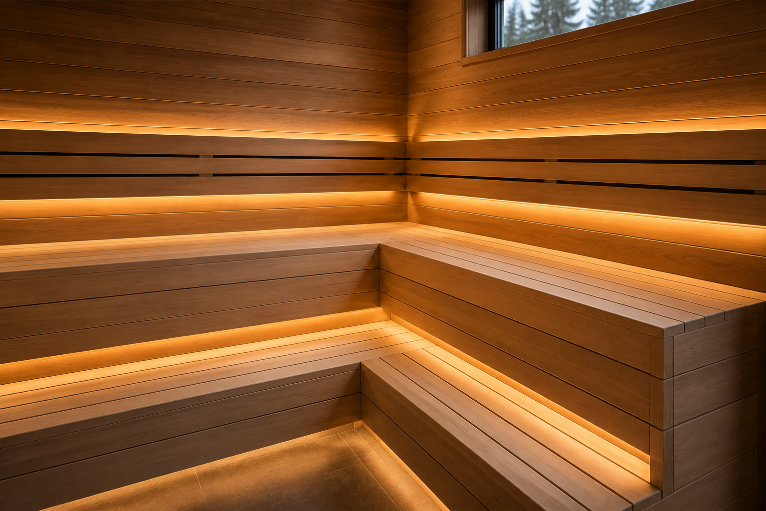 L-shaped two-level bench detail with concealed warm lighting.