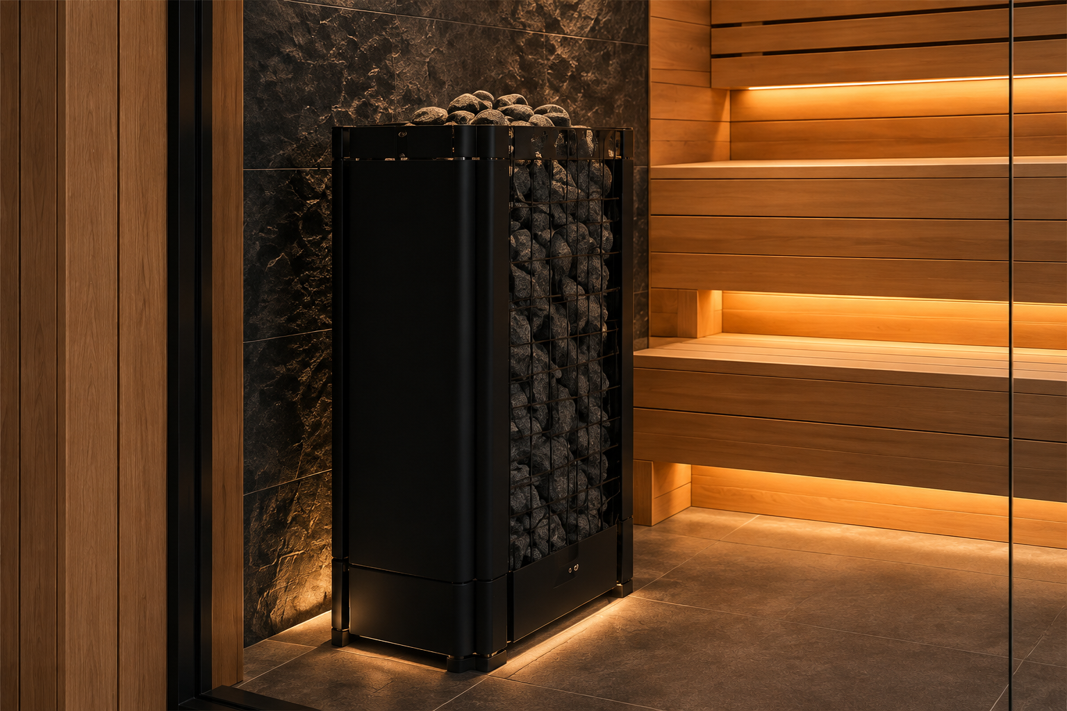 Black stone-filled heater against the charcoal natural-stone accent wall.