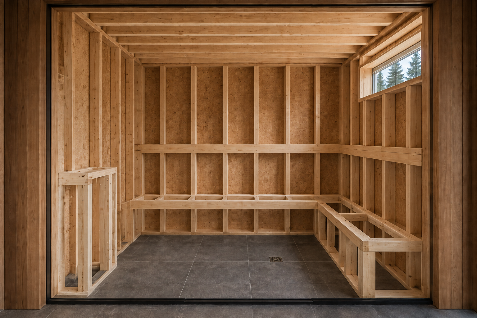 Bare wall and ceiling framing with all permanent openings established.