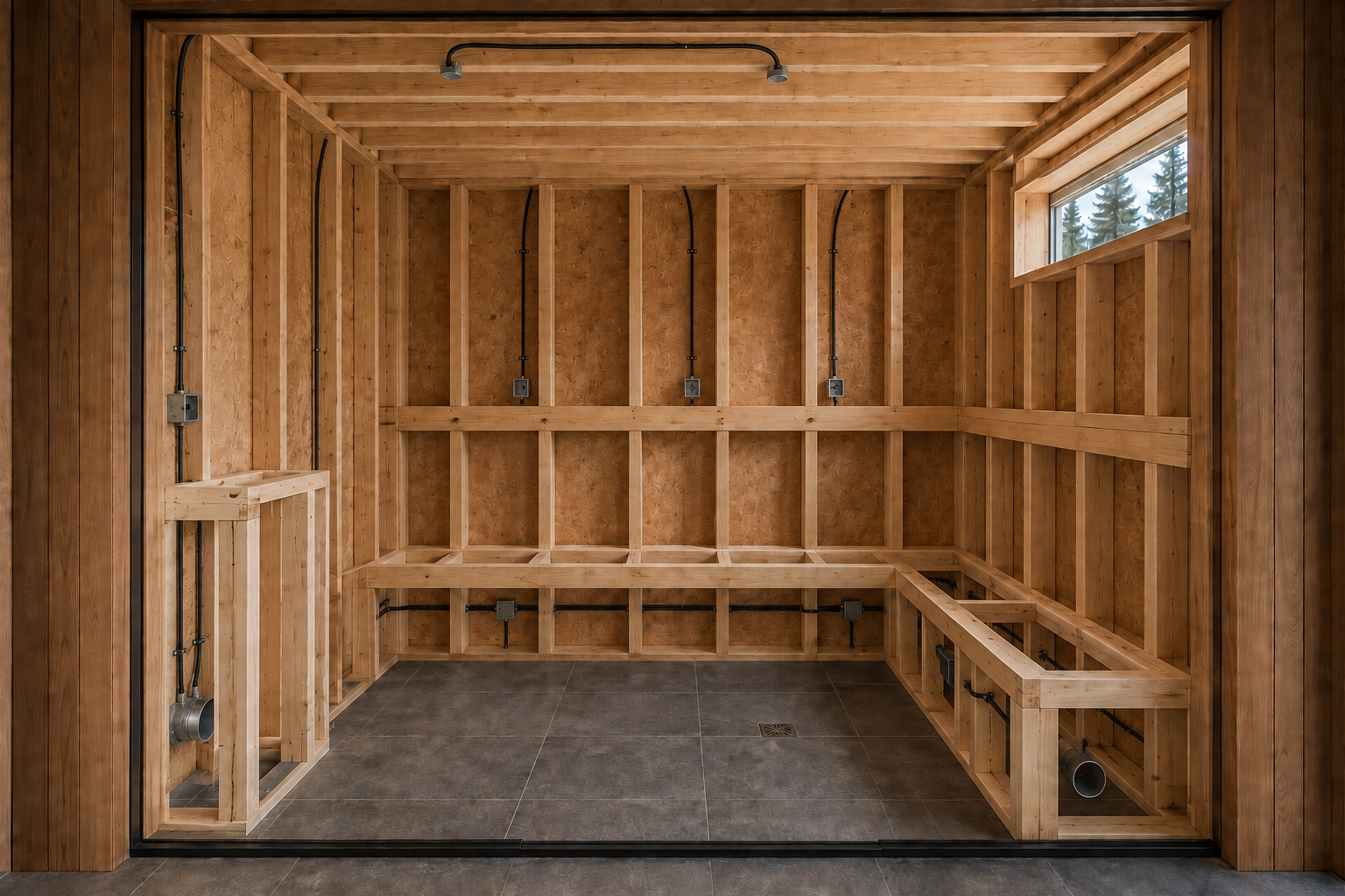 Electrical and ventilation rough-in within the same framed room.