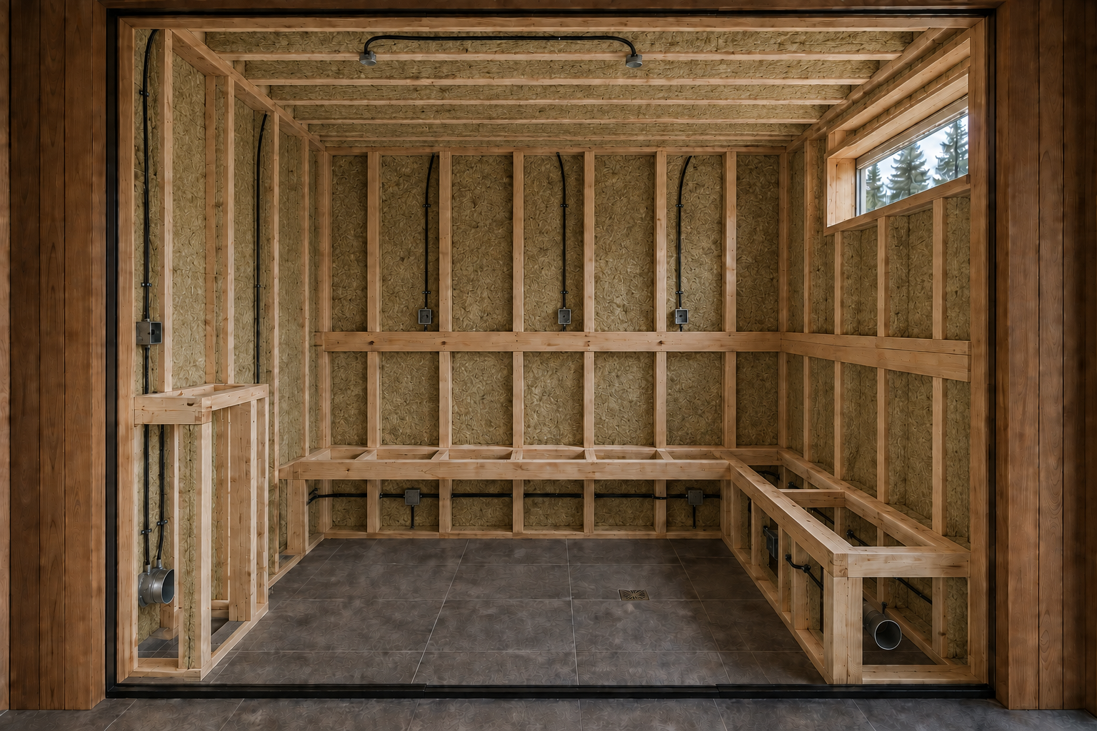 Mineral-wool insulation fitted between the wall and ceiling framing.