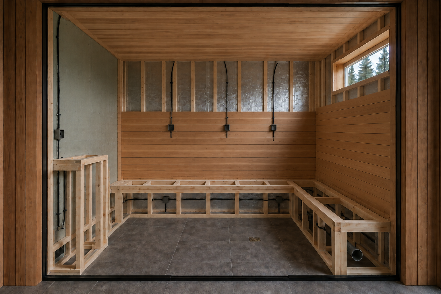 Western Red Cedar ceiling and horizontal wall panel installation.