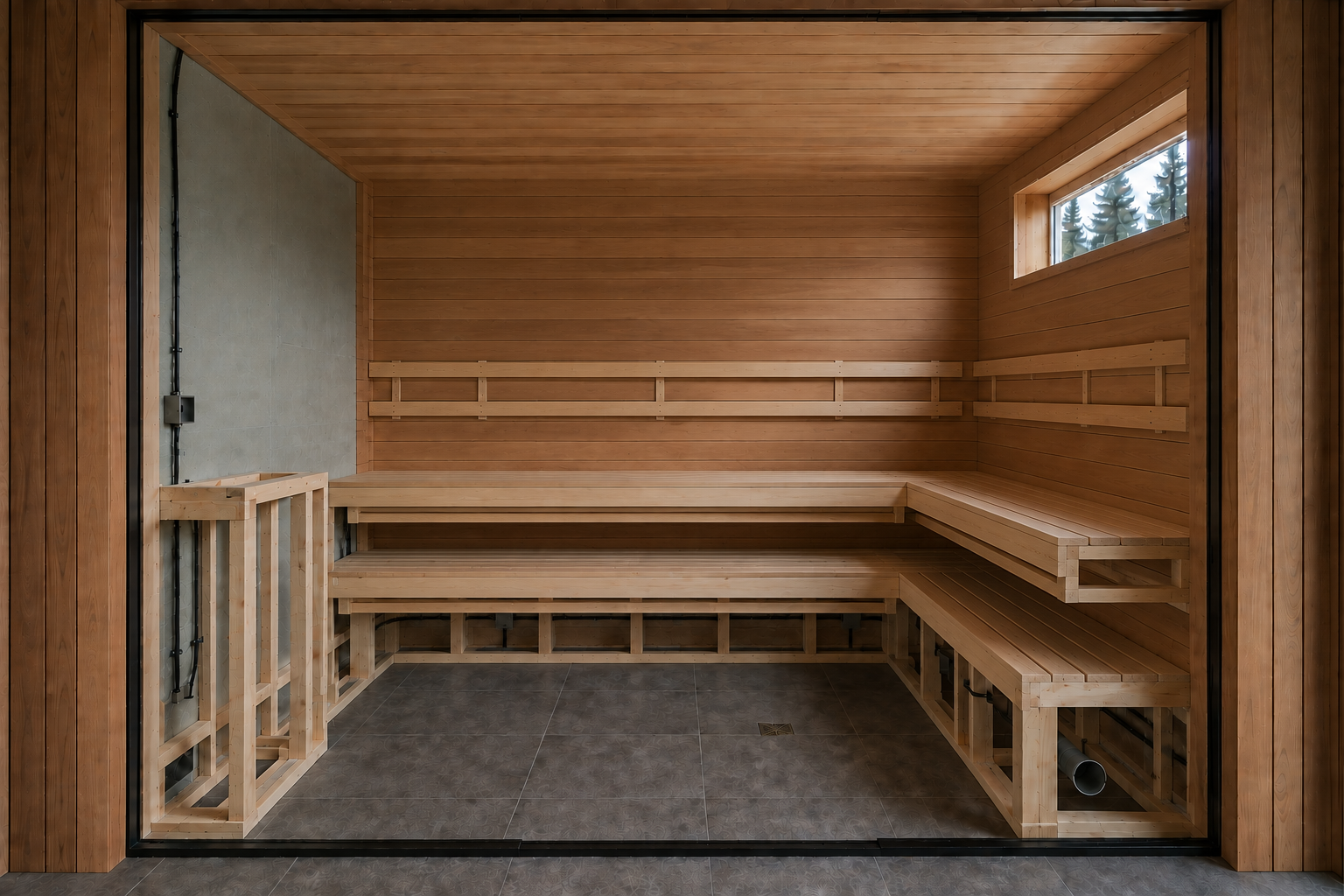 Construction and installation of the fixed L-shaped Abachi bench system.