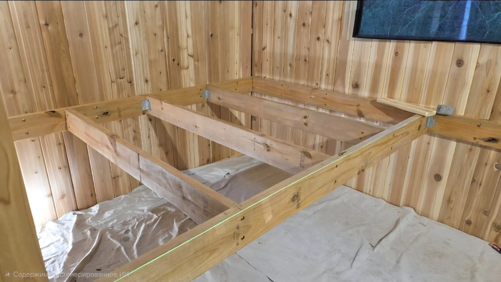 Bench framing beneath the window before the seating surfaces were installed