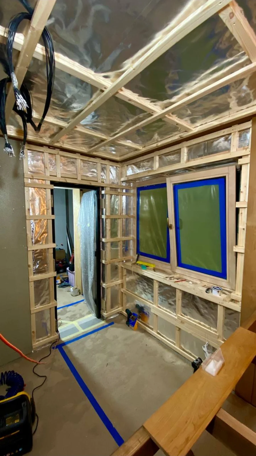 Foil-lined walls and ceiling before the wood interior was completed