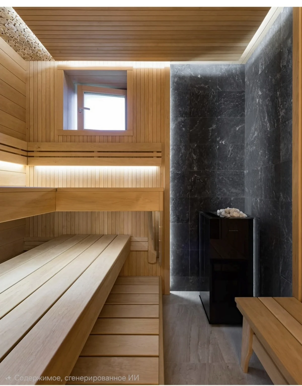 Sauna visualization with wood benches, a small window and a black heater against dark wall cladding.