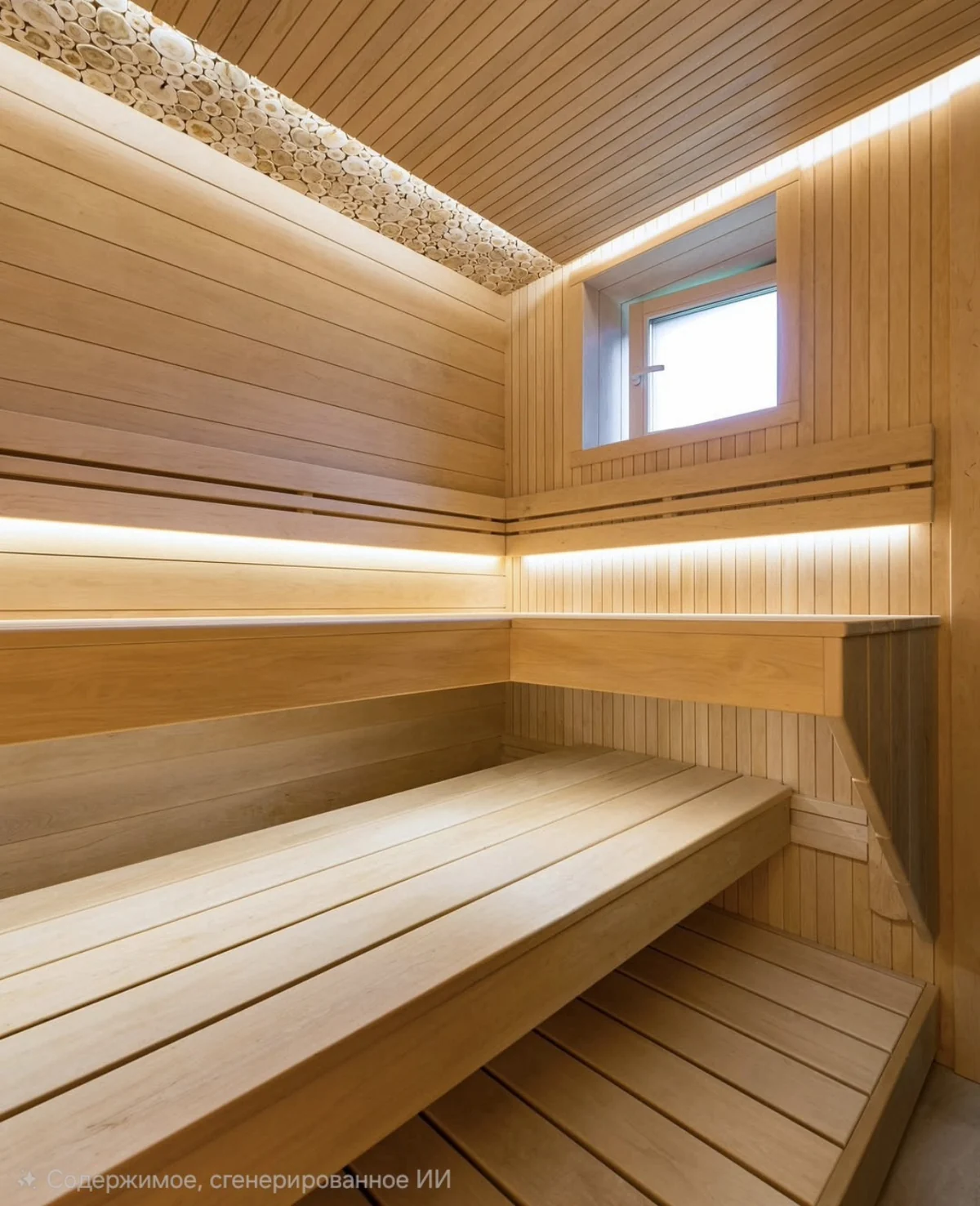 Wood sauna benches turning a corner beneath illuminated slatted backrests, with a wood-end accent near the ceiling.