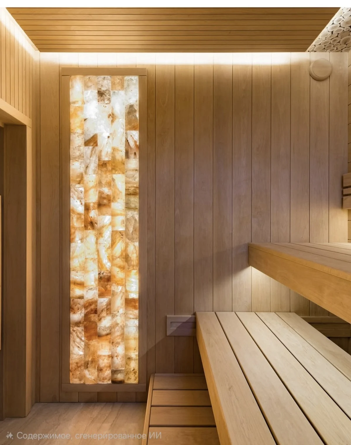Tall backlit decorative panel in a wood frame beside two levels of sauna bench seating.