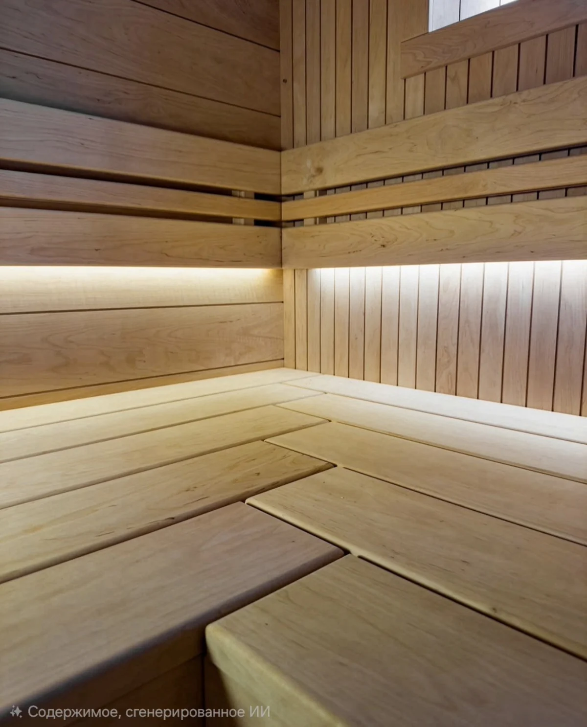 Close view of the corner where broad wood bench boards meet below slatted backrests and concealed lighting.
