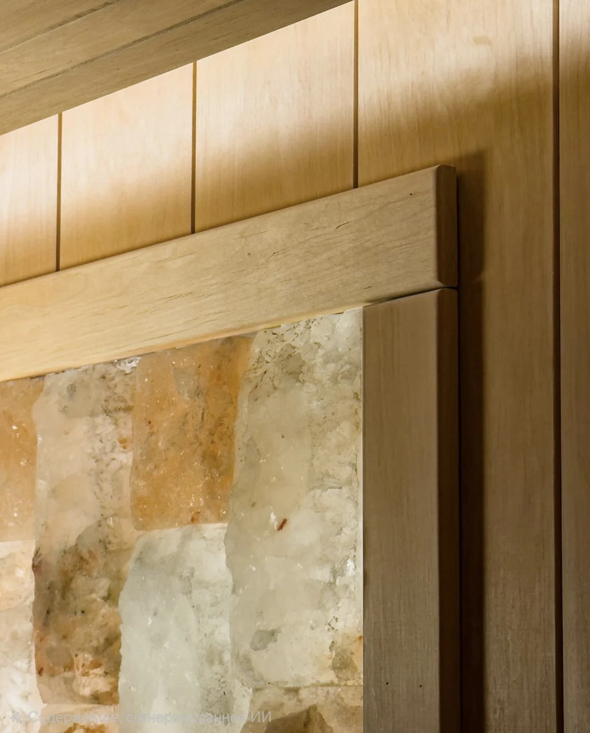 Close-up of textured translucent decorative blocks with warm backlighting inside a wood frame.