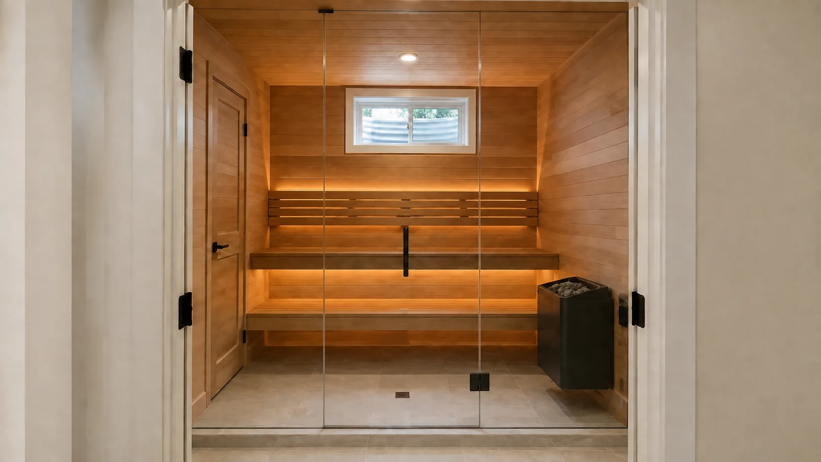 The same compact room transformed into a built-in cedar sauna