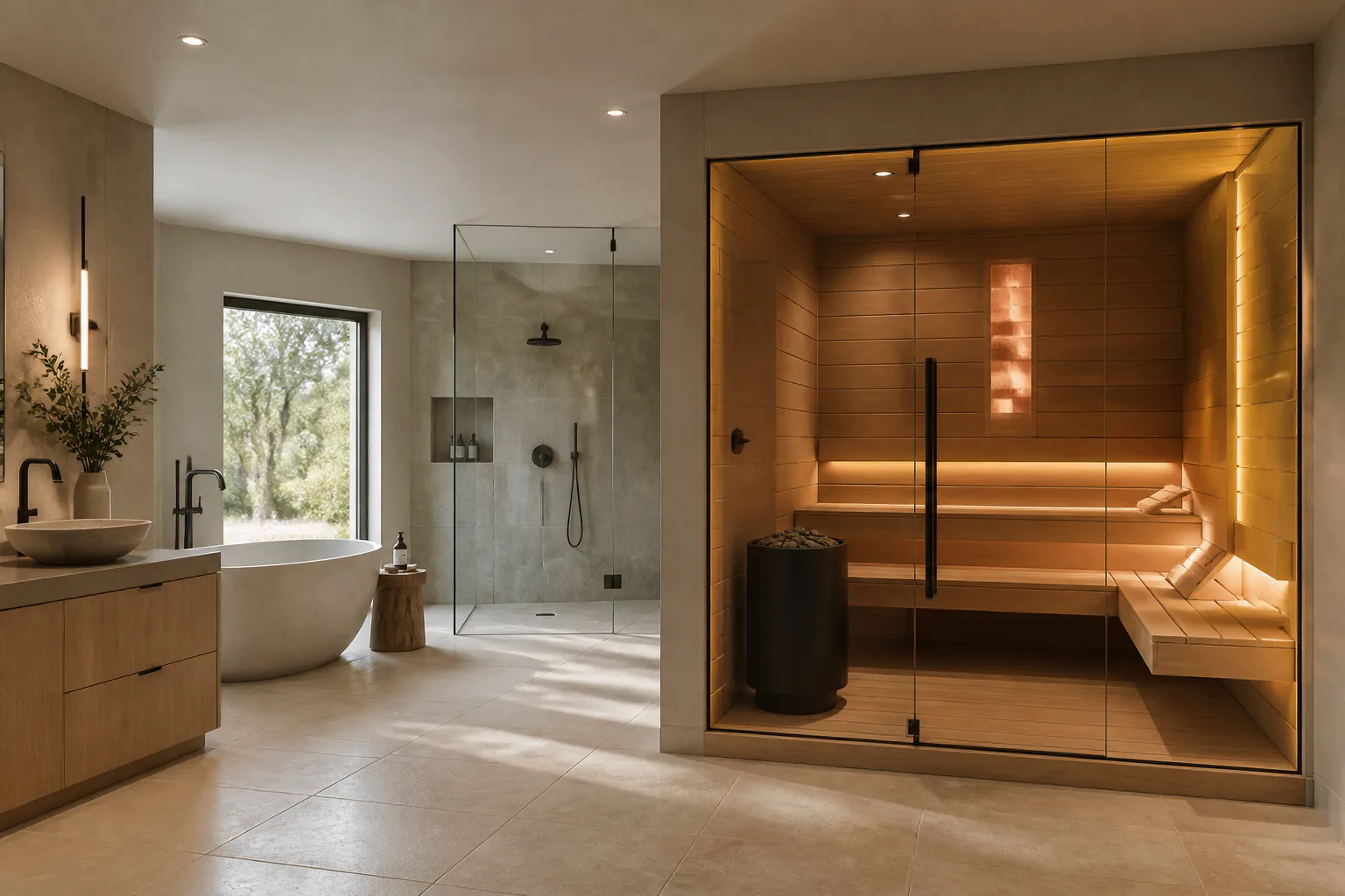 Integrated custom sauna beside a shower and freestanding tub in a private home wellness suite