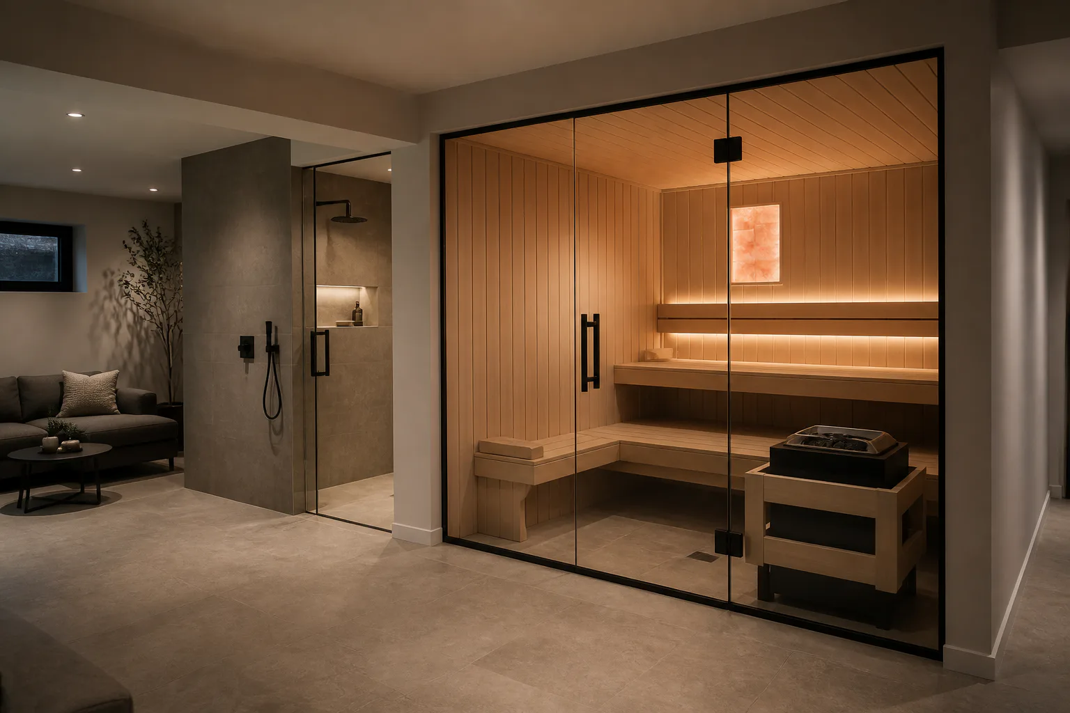 Custom residential sauna integrated beside a glass shower in a modern home wellness space