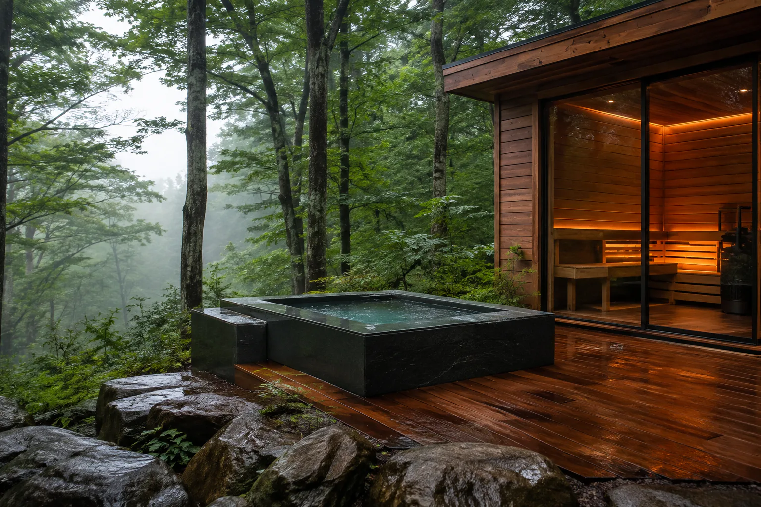 Cold plunge beside a sauna terrace in a green forest