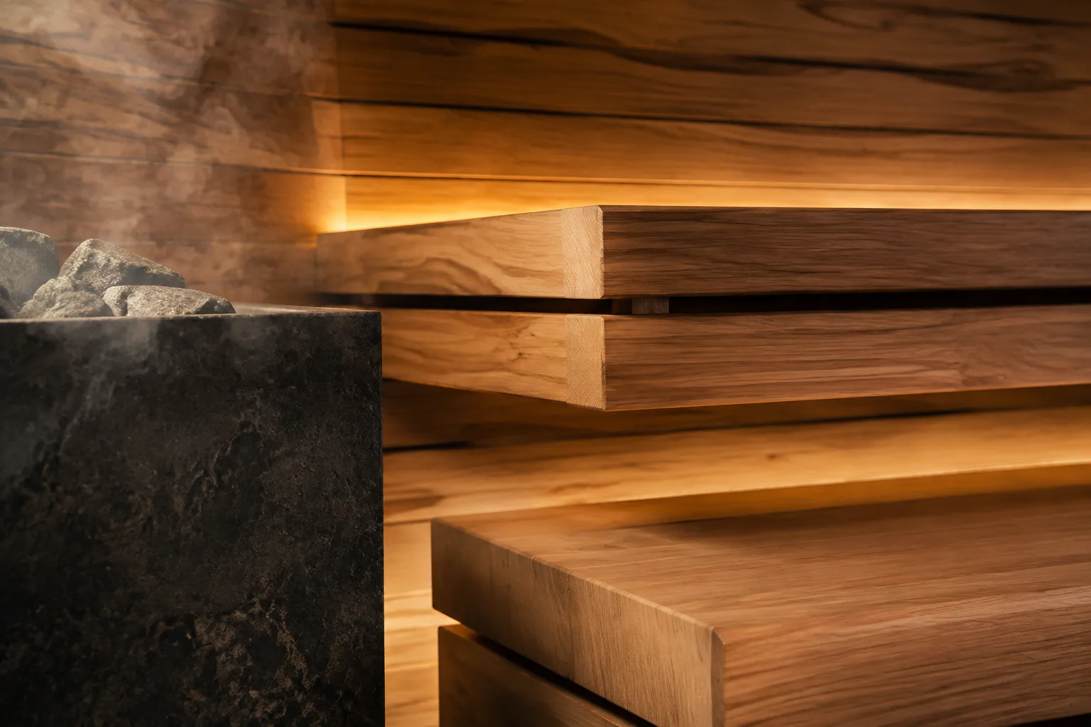 Sauna-grade wood benches and heater components