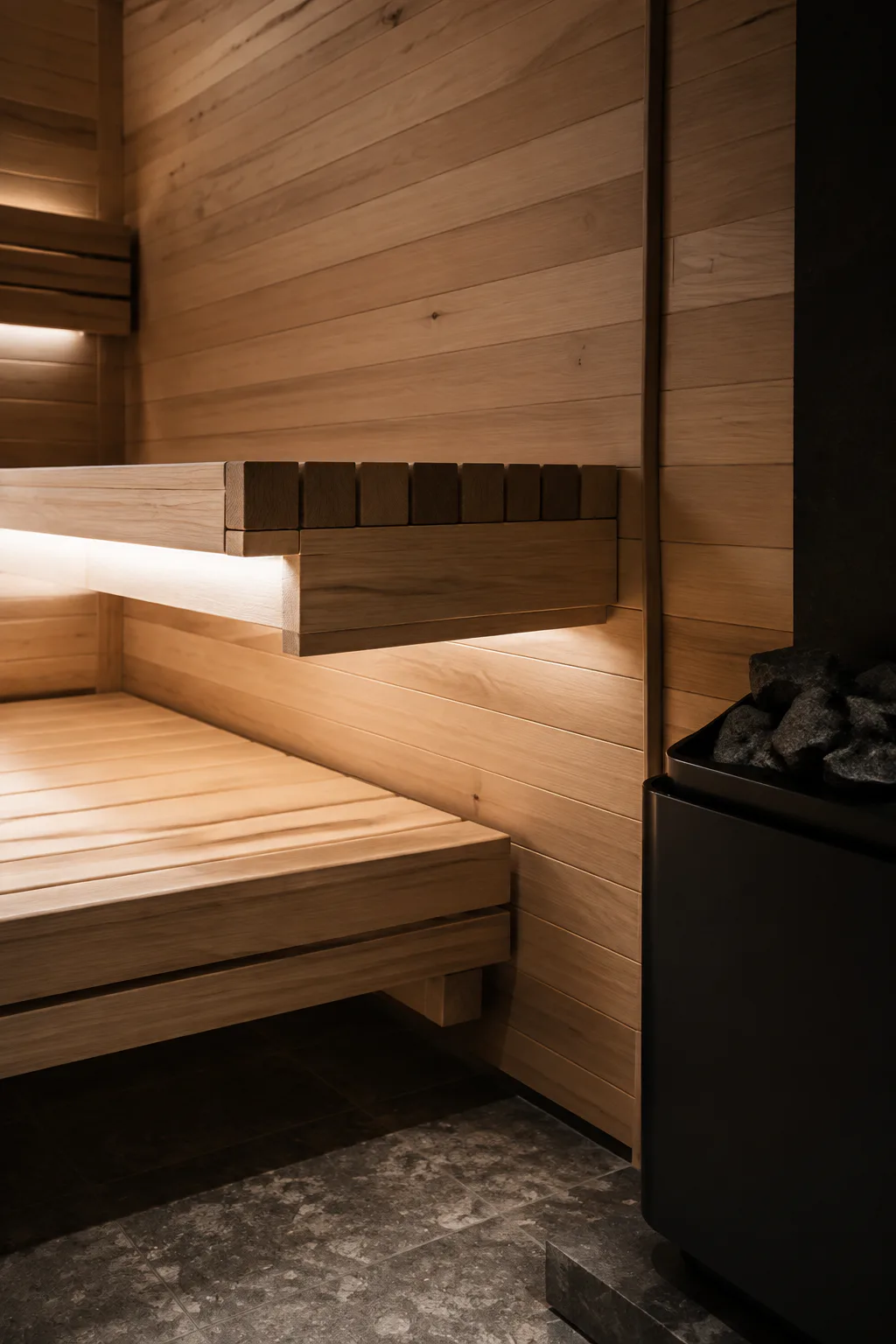 Quiet sauna relaxation setting with natural wood and atmospheric light