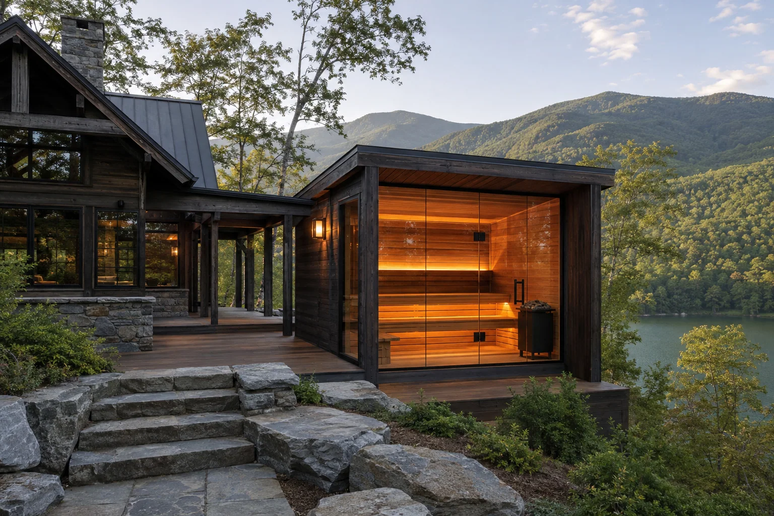 Sauna pavilion connected to a cabin above a mountain lake