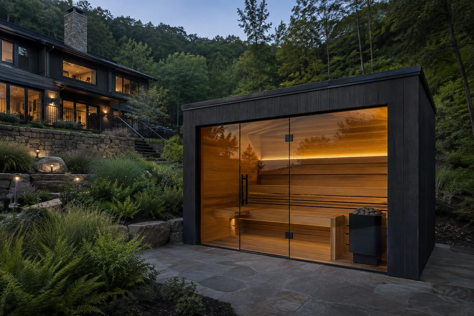Wide view of a dark timber sauna pavilion below a woodland home