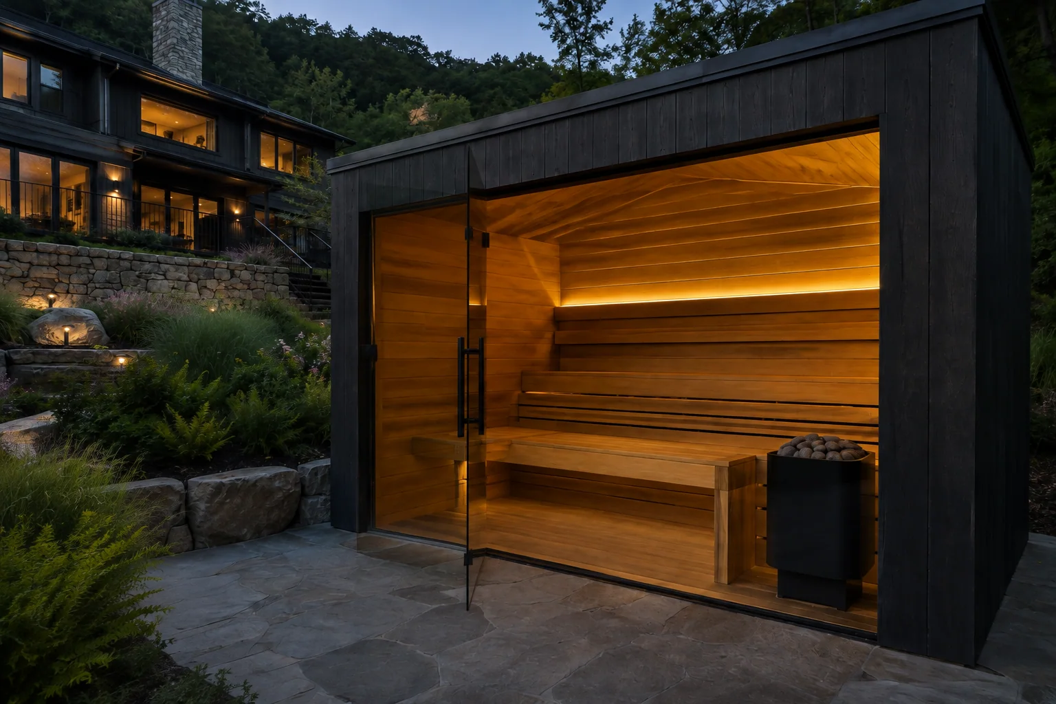 Finished premium outdoor sauna ready for final walkthrough
