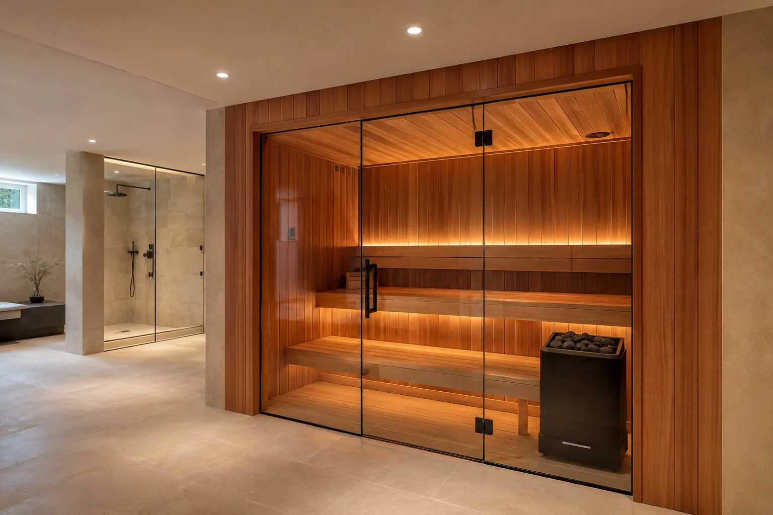 Wide view of a custom sauna integrated into a residential wellness room beside a glass shower