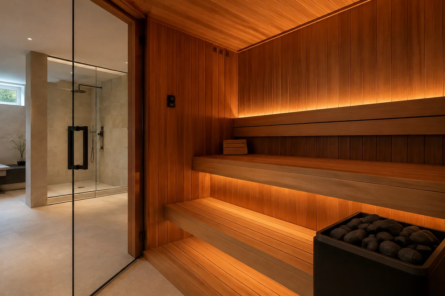 Interior view of the same built-in cedar sauna with matching benches, heater, glass and lighting