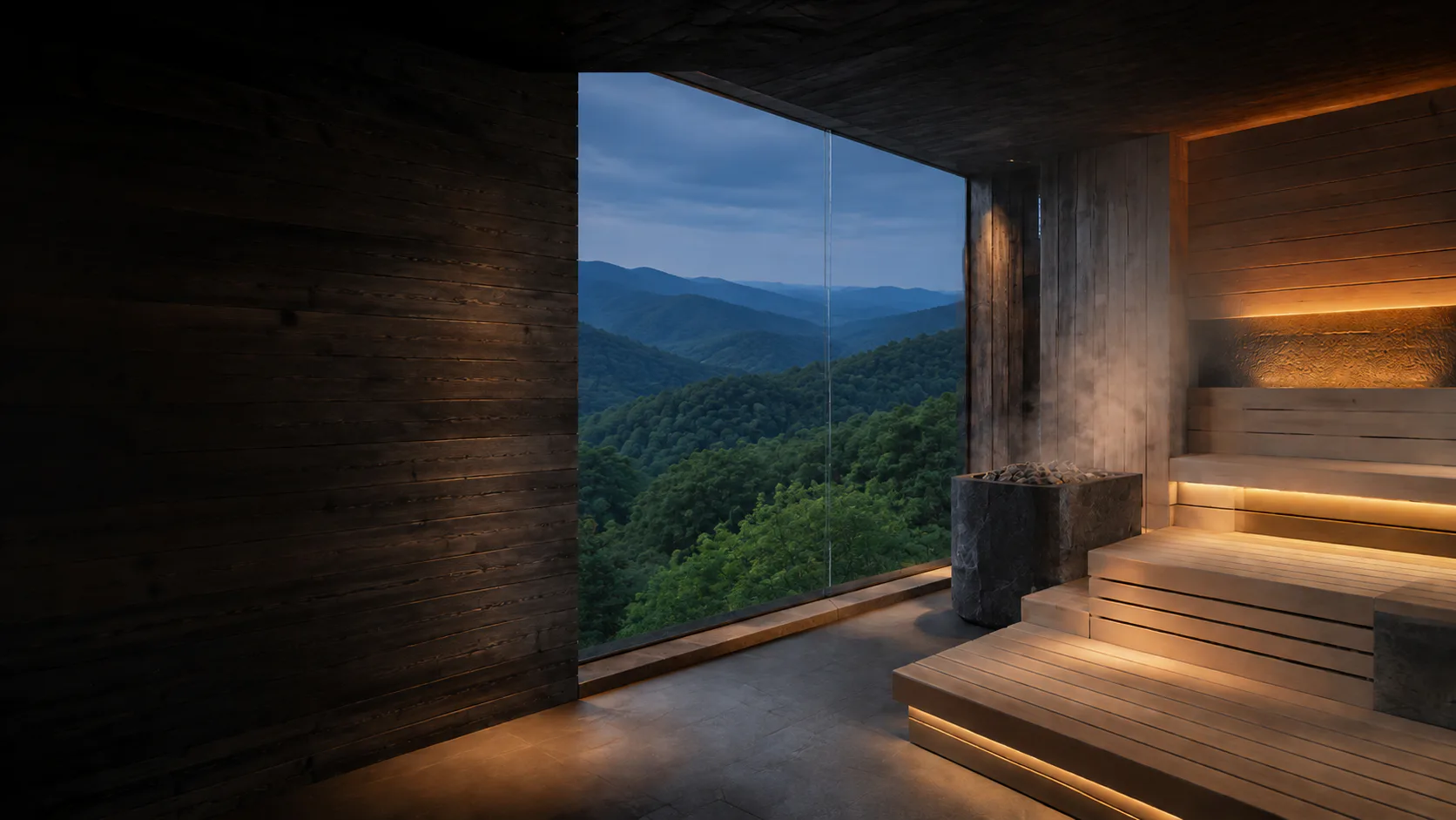 Custom sauna overlooking a wooded Blue Ridge mountain landscape