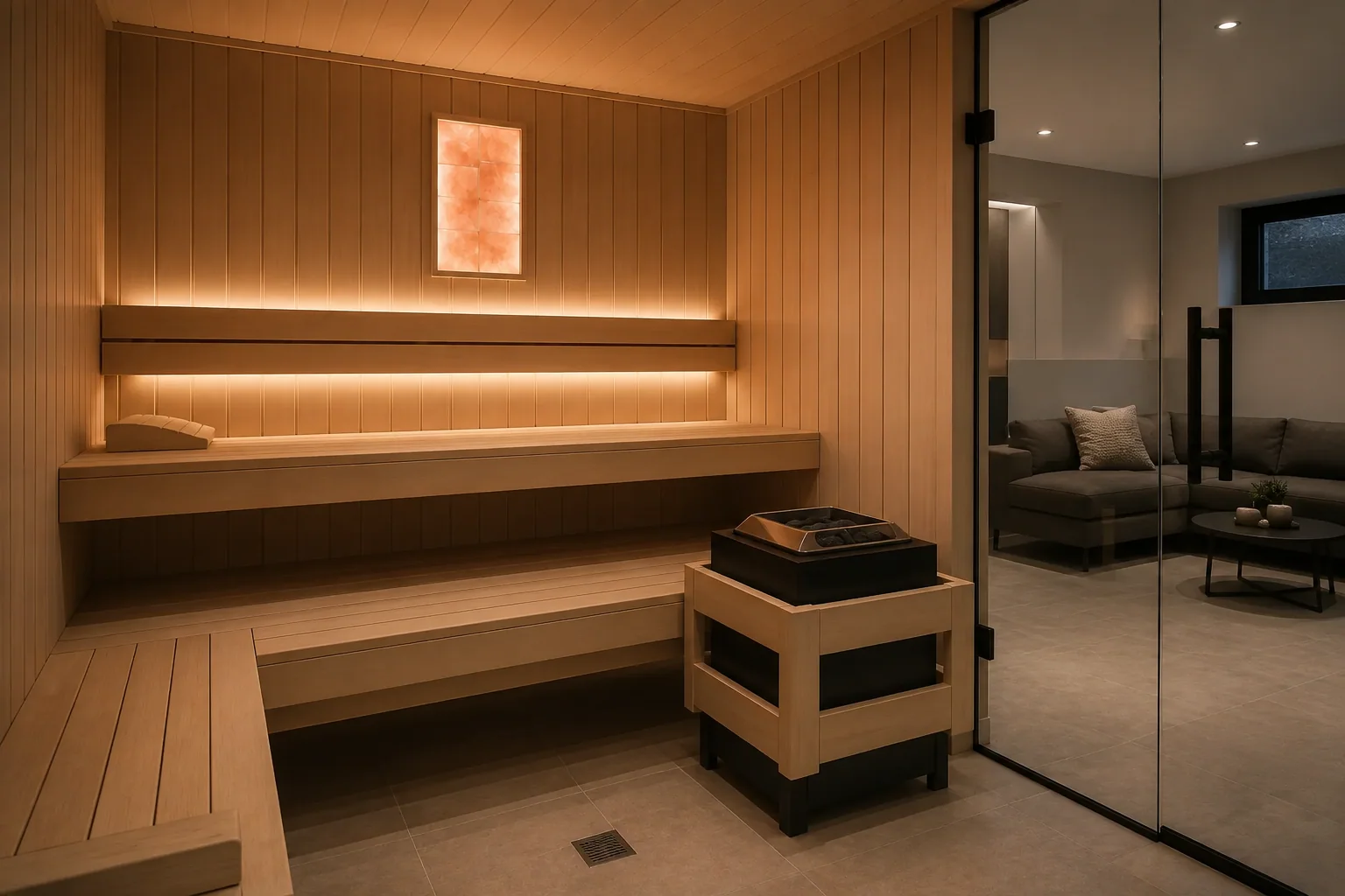 Interior view of the same sauna with two-level benches, open-stone heater, warm lighting and a Himalayan salt panel