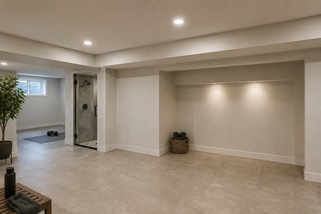Finished American basement wellness area before a sauna conversion