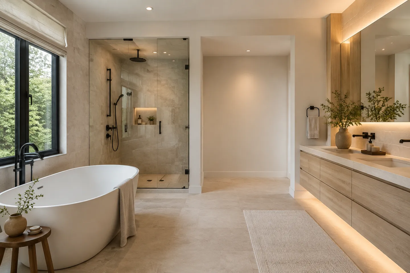 Premium master spa bathroom with a tub, glass shower, and open wall area
